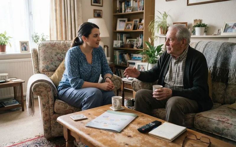 An adult child sitting close to an older parent on a couch, speaking gently while the parent looks thoughtful rather than upset.