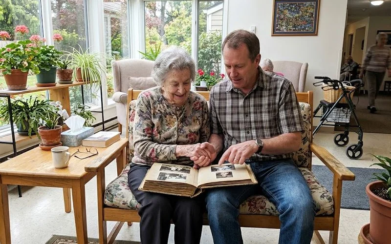 An adult child and an older parent sitting together on a porch, hands clasped, in a quiet moment of connection.