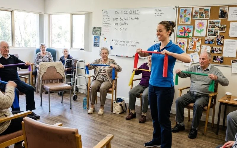 Two caregivers assisting a group of older adults with a hands-on craft activity at tables inside a bright adult day program space.