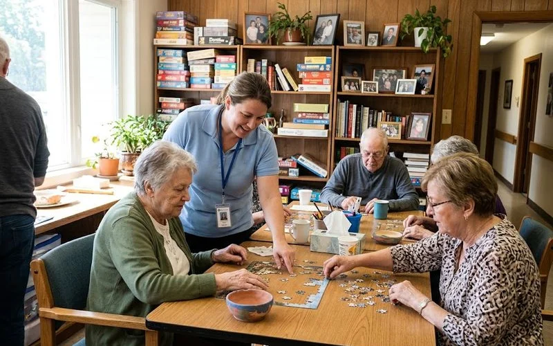 An older adult participating in a group activity at a daytime program, seated at a table with other seniors while an aide assists nearby.
