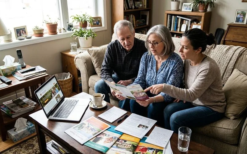 A family member sitting beside an older adult in a bright living room, reviewing paperwork together while discussing care options calmly.