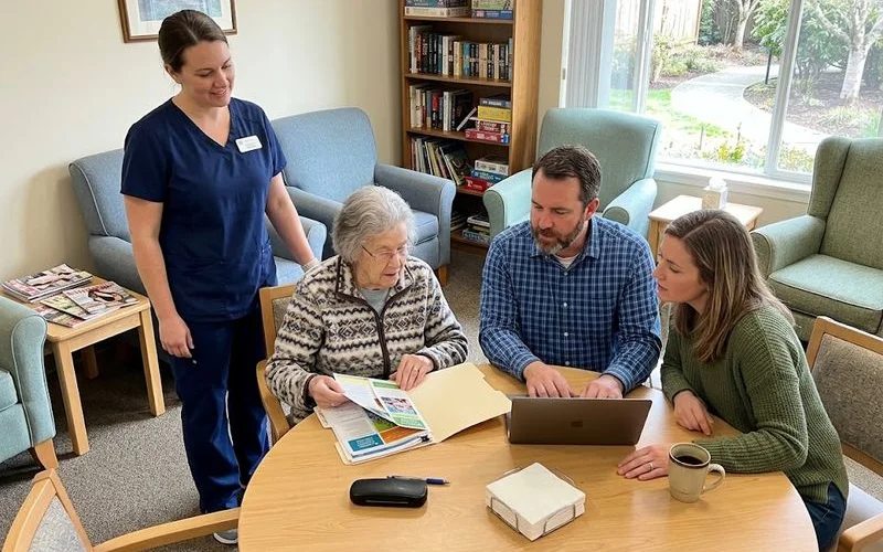 A caregiver and an elderly family member sitting together in a bright memory care common room reviewing paperwork