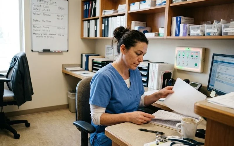 A nurse in scrubs checking a resident's chart at a nursing station inside a skilled nursing facility's memory care unit.