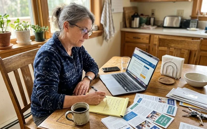 A caregiver reviewing a printed list of local support organizations at a kitchen table, phone nearby, while researching assistance programs.